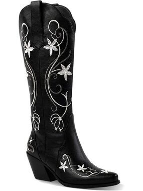Women's Black Square Toe Low Chunky Heel Vintage Embroidery Western Cowgirl Boot